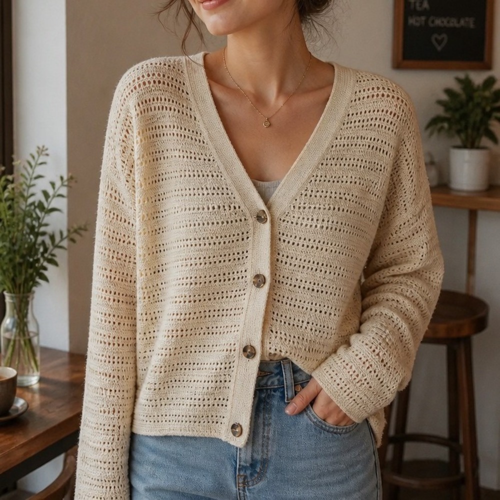 Gap Cardigan Women L Tall Cream Open Knit V-Neck Buttons Coastal Earthy Boho